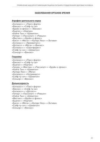 ЗАБОЛЕВАНИЯ ОРГАНОВ ЗРЕНИЯ
Атрофия зрительного нерва
«Антиокс+» + «Пакс+ форте»
«Винэкс» + «Сэйф-ту-си»
«Брэйн-о-флекс» + «Винэкс»
«Бьюти» + «Нортия»
«Нэйче Тан» + «Шевитон»
«Гипер» + «Пассилат» + «Ревьен»
«Мистик» + «Брэйн-о-флекс»
«Биск» + «Мега» + «Куперс Нео» + «Эктиви»
«Антиокс+» + «Хромвитал+»
«Детокс+» + «Мега» + «Винэкс»
«Антиокс+» + «Свелтформ+»
«Сэйф-ту-си» + «Шевитон»
«Сеньор» + «Винэкс»
Глаукома
«Антиокс+» + «Пакс+ форте»
«Винэкс» + «Сэйф-ту-си»
«Бьюти» + «Нортия»
«Гипер» + «Мистик» + «Пассилат» + «Брэйн-о-флекс»
«Нэйче Тан» + «Шевитон»
«Куперс Нео» + «Мега»
«Антиокс+» + «Нутримакс+»
«Сэйф-ту-си» + «Шевитон»
«Сеньор» + «Винэкс»
Дальнозоркость
«Антиокс+» + «Пакс+ форте»
«Винэкс» + «Сэйф-ту-си»
«Антиокс+» + «Детокс+»
«Гипер» + «Пассилат» + «Ревьен»
«Нэйче Тан» + «Шевитон»
«Мистик» + «Брэйн-о-флекс»
«Бьюти» + «Нортия»
«Биск» + «Мега» + «Куперс Нео» + «Эктиви»
«Сэйф-ту-си» + «Шевитон»
«Сеньор» + «Винэкс»
45
ПРИМЕНЕНИЕ БАД ДЛЯ ОПТИМИЗАЦИИ РА­ЦИ­О­НА ПИ­ТА­НИЯ И ПОД­ДЕР­ЖА­НИЯ ЗДО­РО­ВЬЯ ЧЕ­ЛО­ВЕ­КА
 