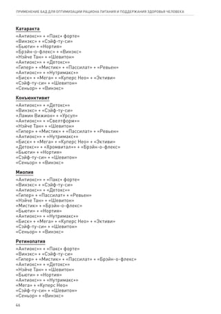 Катаракта
«Антиокс+» + «Пакс+ форте»
«Винэкс» + «Сэйф-ту-си»
«Бьюти» + «Нортия»
«Брэйн-о-флекс» + «Винэкс»
«Нэйче Тан» + «Шевитон»
«Антиокс+» + «Детокс+»
«Гипер» + «Мистик» + «Пассилат» + «Ревьен»
«Антиокс+» + «Нутримакс+»
«Биск» + «Мега» + «Куперс Нео» + «Эктиви»
«Сэйф-ту-си» + «Шевитон»
«Сеньор» + «Винэкс»
Конъюнктивит
«Антиокс+» + «Детокс+»
«Винэкс» + «Сэйф-ту-си»
«Ламин Вижион» + «Урсул»
«Антиокс+» + «Свелтформ+»
«Нэйче Тан» + «Шевитон»
«Гипер» + «Мистик» + «Пассилат» + «Ревьен»
«Антиокс+» + «Нутримакс+»
«Биск» + «Мега» + «Куперс Нео» + «Эктиви»
«Детокс+» + «Хромвитал+» + «Брэйн-о-флекс»
«Бьюти» + «Нортия»
«Сэйф-ту-си» + «Шевитон»
«Сеньор» + «Винэкс»
Миопия
«Антиокс+» + «Пакс+ форте»
«Винэкс» + «Сэйф-ту-си»
«Антиокс+» + «Детокс+»
«Гипер» + «Пассилат» + «Ревьен»
«Нэйче Тан» + «Шевитон»
«Мистик» + «Брэйн-о-флекс»
«Бьюти» + «Нортия»
«Антиокс+» + «Нутримакс+»
«Биск» + «Мега» + «Куперс Нео» + «Эктиви»
«Сэйф-ту-си» + «Шевитон»
«Сеньор» + «Винэкс»
Ретинопатия
«Антиокс+» + «Пакс+ форте»
«Винэкс» + «Сэйф-ту-си»
«Гипер» + «Мистик» + «Пассилат» + «Брэйн-о-флекс»
«Антиокс+» + «Детокс+»
«Нэйче Тан» + «Шевитон»
«Бьюти» + «Нортия»
«Антиокс+» + «Нутримакс+»
«Мега» + «Куперс Нео»
«Сэйф-ту-си» + «Шевитон»
«Сеньор» + «Винэкс»
46
ПРИМЕНЕНИЕ БАД ДЛЯ ОПТИМИЗАЦИИ РА­ЦИ­О­НА ПИ­ТА­НИЯ И ПОД­ДЕР­ЖА­НИЯ ЗДО­РО­ВЬЯ ЧЕ­ЛО­ВЕ­КА
 