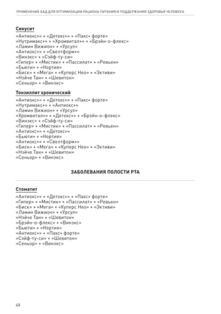 Синусит
«Антиокс+» + «Детокс+» + «Пакс+ форте»
«Нутримакс+» + «Хромвитал+» + «Брэйн-о-флекс»
«Ламин Вижион» + «Урсул»
«Антиокс+» + «Свелтформ+»
«Винэкс» + «Сэйф-ту-си»
«Гипер» + «Мистик» + «Пассилат» + «Ревьен»
«Бьюти» + «Нортия»
«Биск» + «Мега» + «Куперс Нео» + «Эктиви»
«Нэйче Тан» + «Шевитон»
«Сеньор» + «Винэкс»
Тонзиллит хронический
«Антиокс+» + «Детокс+» + «Пакс+ форте»
«Нутримакс+» + «Антиокс+»
«Ламин Вижион» + «Урсул»
«Хромвитал+» + «Детокс+» + «Брэйн-о-флекс»
«Винэкс» + «Сэйф-ту-си»
«Гипер» + «Мистик» + «Пассилат» + «Ревьен»
«Антиокс+» + «Детокс+»
«Бьюти» + «Нортия»
«Антиокс+» + «Свелтформ+»
«Биск» + «Мега» + «Куперс Нео» + «Эктиви»
«Нэйче Тан» + «Шевитон»
«Сеньор» + «Винэкс»
ЗАБОЛЕВАНИЯ ПОЛОСТИ РТА
Стоматит
«Антиокс+» + «Детокс+» + «Пакс+ форте»
«Гипер» + «Мистик» + «Пассилат» + «Ревьен»
«Биск» + «Мега» + «Куперс Нео» + «Эктиви»
«Ламин Вижион» + «Урсул»
«Нэйче Тан» + «Шевитон»
«Брэйн-о-флекс» + «Винэкс»
«Бьюти» + «Нортия»
«Антиокс+» + «Пакс+ форте»
«Сэйф-ту-си» + «Шевитон»
«Сеньор» + «Винэкс»
48
ПРИМЕНЕНИЕ БАД ДЛЯ ОПТИМИЗАЦИИ РА­ЦИ­О­НА ПИ­ТА­НИЯ И ПОД­ДЕР­ЖА­НИЯ ЗДО­РО­ВЬЯ ЧЕ­ЛО­ВЕ­КА
 