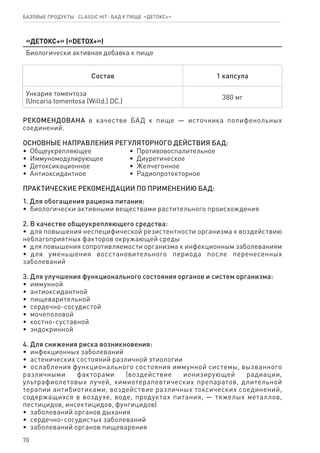 70
«Детокс+» («DETOX+»)
Биологически активная добавка к пище
Состав 1 капсула
Ункария томентоза
(Uncaria tomentosa (Willd.) DC.)
380 мг
РЕКОМЕНДОВАНА в качестве БАД к пище — источника полифенольных
соединений.
ОСНОВНЫЕ НАПРАВЛЕНИЯ РЕГУЛЯТОРНОГО ДЕЙСТВИЯ БАД:
•  Общеукрепляющее
•  Иммуномодулирующее
•  Детоксикационное
•  Антиоксидантное
•  Противовоспалительное
•  Диуретическое
•  Желчегонное
•  Радиопротекторное
ПРАКТИЧЕСКИЕ РЕКОМЕНДАЦИИ ПО ПРИМЕНЕНИЮ БАД:
1. Для обогащения рациона питания:
•  биологически активными веществами растительного происхождения
2. В качестве общеукрепляющего средства:
•  для повышения неспецифической резистентности организма к воздействию
неблагоприятных факторов окружающей среды
•  для повышения сопротивляемости организма к инфекционным заболеваниям
•  для уменьшения восстановительного периода после перенесенных
заболеваний
3. Для улучшения функционального состояния органов и систем организма:
•  иммунной
•  антиоксидантной
•  пищеварительной
•  сердечно-сосудистой
•  мочеполовой
•  костно-суставной
•  эндокринной
4. Для снижения риска возникновения:
•  инфекционных заболеваний
•  астенических состояний различной этиологии
•  ослабления функционального состояния иммунной системы, вызванного
различными факторами (воздействие ионизирующей радиации,
ультрафиолетовых лучей, химиотерапевтических препаратов, длительной
терапии антибиотиками; воздействие различных токсических соединений,
содержащихся в воздухе, воде, продуктах питания, — тяжелых металлов,
пестицидов, инсектицидов, фунгицидов)
•  заболеваний органов дыхания
•  сердечно-сосудистых заболеваний
•  заболеваний органов пищеварения
Базовые продукты ⋅ CLASSIC HIT ⋅ бад к пище  «Детокс+»
 