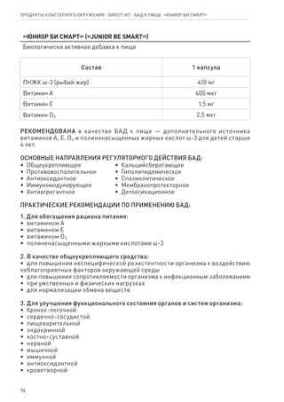 96
«Юниор Би Смарт» («Junior Be Smart»)
Биологически активная добавка к пище
Состав 1 капсула
ПНЖК ω-3 (рыбий жир) 410 мг
Витамин А 400 мкг
Витамин Е 1,5 мг
Витамин D3 2,5 мкг
РЕКОМЕНДОВАНА в качестве БАД к пище — дополнительного источника
витаминов А, Е, D3 и полиненасыщенных жирных кислот ω-3 для детей старше
4 лет.
ОСНОВНЫЕ НАПРАВЛЕНИЯ РЕГУЛЯТОРНОГО ДЕЙСТВИЯ БАД:
•  Общеукрепляющее
•  Противовоспалительное
•  Антиоксидантное
•  Иммуномодулирующее
•  Антиагрегантное
•  Кальцийсберегающее
•  Гиполипидемическое
•  Спазмолитическое
•  Мембранопротекторное
•  Детоксикационное
ПРАКТИЧЕСКИЕ РЕКОМЕНДАЦИИ ПО ПРИМЕНЕНИЮ БАД:
1. Для обогащения рациона питания:
•  витамином A
•  витамином E
•  витамином D3
•  полиненасыщенными жирными кислотами ω-3
2. В качестве общеукрепляющего средства:
•  для повышения неспецифической резистентности организма к воздействию
неблагоприятных факторов окружающей среды
•  для повышения сопротивляемости организма к инфекционным заболеваниям
•  при умственных и физических нагрузках
•  для нормализации обмена веществ
3. Для улучшения функционального состояния органов и систем организма:
•  бронхо-легочной
•  сердечно-сосудистой
•  пищеварительной
•  эндокринной
•  костно-суставной
•  нервной
•  мышечной
•  иммунной
•  антиоксидантной
•  кроветворной
Продукты кластерного окружения ⋅ direct HIT ⋅ бад к пище  «Юниор Би Смарт»
 
