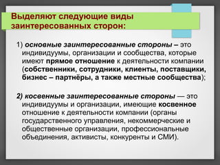 1) основные заинтересованные стороны – это
индивидуумы, организации и сообщества, которые
имеют прямое отношение к деятельности компании
(собственники, сотрудники, клиенты, поставщики,
бизнес – партнёры, а также местные сообщества);
2) косвенные заинтересованные стороны — это
индивидуумы и организации, имеющие косвенное
отношение к деятельности компании (органы
государственного управления, некоммерческие и
общественные организации, профессиональные
объединения, активисты, конкуренты и СМИ).
Выделяют следующие виды
заинтересованных сторон:
 