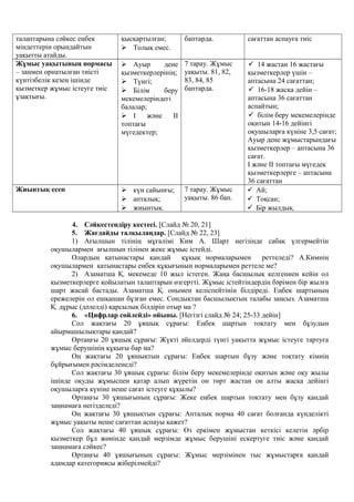 талаптарына сәйкес еңбек
міндеттерін орындайтын
уақытты атайды.
қысқартылған;
 Толық емес.
баптарда. сағаттан аспауға тиіс
Жұмыс уақытының нормасы
– заңмен орнатылған тиісті
күнтізбелік кезең ішінде
қызметкер жұмыс істеуге тиіс
ұзақтығы.
 Ауыр дене
қызметкерлерінің;
 Түнгі;
 Білім беру
мекемелеріндегі
балалар;
 І және ІІ
топтағы
мүгедектер;
7 тарау. Жұмыс
уақыты. 81, 82,
83, 84, 85
баптарда.
 14 жастан 16 жастағы
қызметкерлер үшін –
аптасына 24 сағаттан;
 16-18 жасқа дейін –
аптасына 36 сағаттан
аспайтын;
 білім беру мекемелерінде
оқитын 14-16 дейінгі
оқушыларға күніне 3,5 сағат;
Ауыр дене жұмыстарындағы
қызметкерлер – аптасына 36
сағат.
І және ІІ топтағы мүгедек
қызметкерлерге – аптасына
36 сағаттан
Жиынтық есеп  күн сайынғы;
 апталық;
 жиынтық.
7 тарау. Жұмыс
уақыты. 86 бап.
 Ай;
 Тоқсан;
 Бір жылдық.
4. Сәйкестендіру кестесі. [Слайд № 20, 21]
5. Жағдайды талқылаңдар. [Слайд № 22, 23]
1) Ағылшын тілінің мұғалімі Ким А. Шарт негізінде сабақ үлгермейтін
оқушылармен ағылшын тілінен жеке жұмыс істейді.
Олардың қатынастары қандай құқық нормаларымен реттеледі? А.Кимнің
оқушылармен қатынастары еңбек құқығының нормаларымен реттеле ме?
2) Азаматша Қ. мекемеде 10 жыл істеген. Жаңа басшылық келгеннен кейін ол
қызметкерлерге қойылатын талаптарын өзгертті. Жұмыс істейтіндердің бәрімен бір жылға
шарт жасай бастады. Азаматша Қ. онымен келіспейтінін білдіреді. Еңбек шартының
ережелерін ол ешқашан бұзған емес. Сондықтан басшылықтың талабы заңсыз. Азаматша
Қ. дұрыс (дәлелді) қарсылық білдіріп отыр ма ?
6. «Цифрлар сөйлейді» ойыны. [Негізгі слайд № 24; 25-33 дейін]
Сол жақтағы 20 ұяшық сұрағы: Еңбек шартын тоқтату мен бұзудын
айырмашылықтары қандай?
Ортаңғы 20 ұяшық сұрағы: Жүкті әйелдерді түнгі уақытта жұмыс істеуге тартуға
жұмыс берушінің құқығы бар ма?
Оң жақтағы 20 ұяшықтын сұрағы: Еңбек шартын бұзу және тоқтату кімнің
бұйрығымен рәсімделенеді?
Сол жақтағы 30 ұяшық сұрағы: білім беру мекемелерінде оқитын және оқу жылы
ішінде оқуды жұмыспен қатар алып жүретін он төрт жастан он алты жасқа дейінгі
оқушыларға күніне неше сағат істеуге құқылы?
Ортаңғы 30 ұяшығының сұрағы: Жеке еңбек шартын тоқтату мен бұзу қандай
заңнамаға негізделеді?
Оң жақтағы 30 ұяшықтын сұрағы: Апталық норма 40 сағат болғанда күнделікті
жұмыс уақыты неше сағаттан аспауы қажет?
Сол жақтағы 40 ұяшық сұрағы: Өз еркімен жұмыстан кеткісі келетін әрбір
қызметкер бұл жөнінде қандай мерзімде жұмыс берушіні ескертуге тиіс және қандай
заңнамаға сәйкес?
Ортаңғы 40 ұяшығының сұрағы: Жұмыс мерзімінен тыс жұмыстарға қандай
адамдар категориясы жіберілмейді?
 