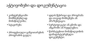 აქტივობები და დოკუმენტაცია
• კონფერენციაში
მომხსენებლად
მონაწილეობა;
• სტაჟირება
• პროფესიული განვითარების
პროგრამის გავლა;
• დღის წესრიგი და პროგრამა
და თავად მოხსენება ან
პრაზენტაცია
• სერტიფიკატი ან ცნობა და
ანგარიში ან რეფლექსია
• წარმატებით მონაწილეობის
დამადასტურებელი
დოკუმენტი;
 