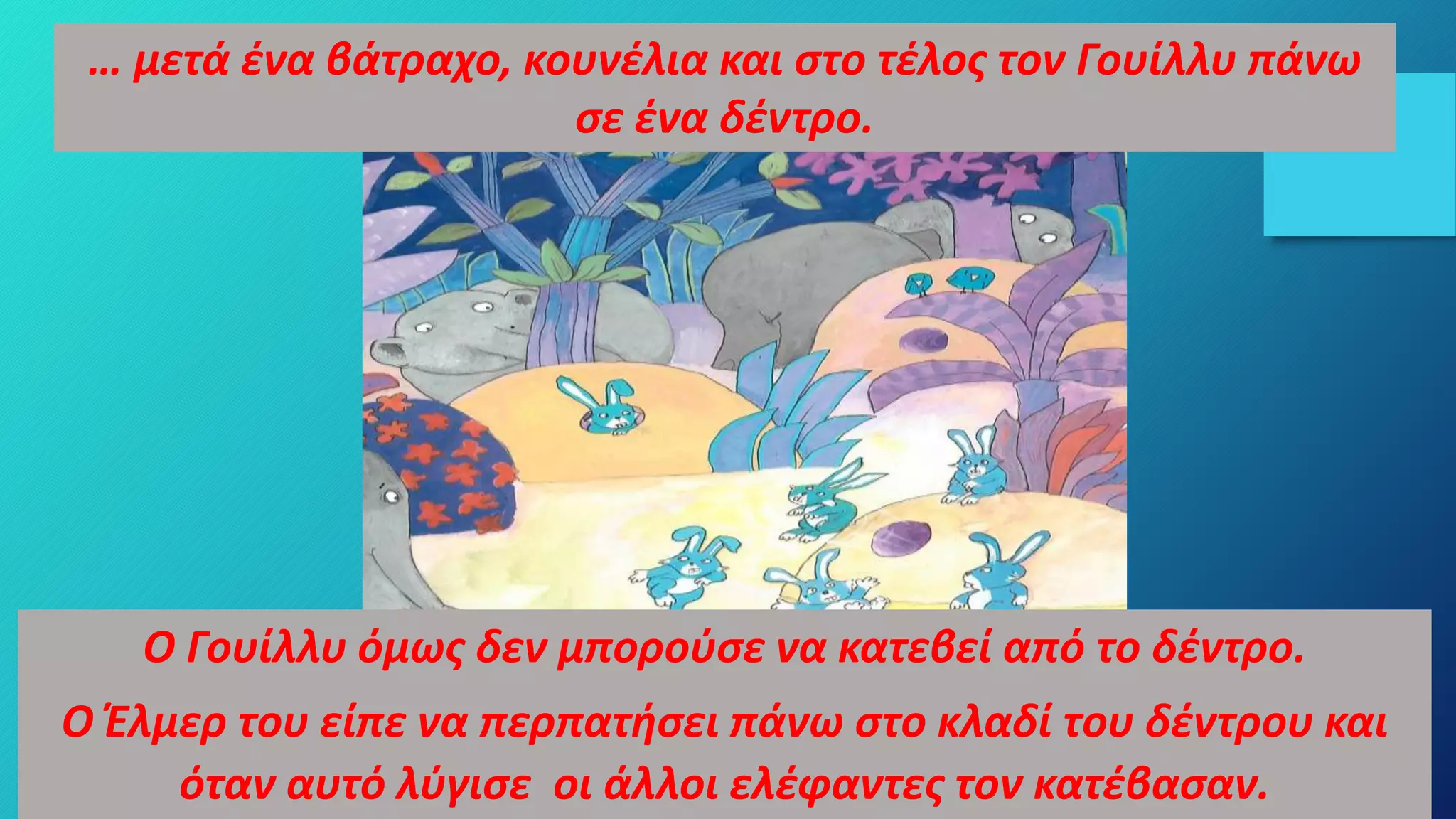 … μετά ένα βάτραχο, κουνέλια και στο τέλος τον Γουίλλυ πάνω
σε ένα δέντρο.
Ο Γουίλλυ όμως δεν μπορούσε να κατεβεί από το δέντρο.
Ο Έλμερ του είπε να περπατήσει πάνω στο κλαδί του δέντρου και
όταν αυτό λύγισε οι άλλοι ελέφαντες τον κατέβασαν.
 