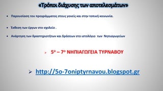 • Παρουσίαση του προγράμματος στους γονείς και στην τοπική κοινωνία.
• Έκθεση των έργων στο σχολείο .
• Ανάρτηση των δραστηριοτήτων και δράσεων στο ιστολόγιο των Νηπιαγωγείων
➢ 5ο – 7ο ΝΗΠΙΑΓΩΓΕΙΑ ΤΥΡΝΑΒΟΥ
➢ http://5o-7oniptyrnavou.blogspot.gr
 