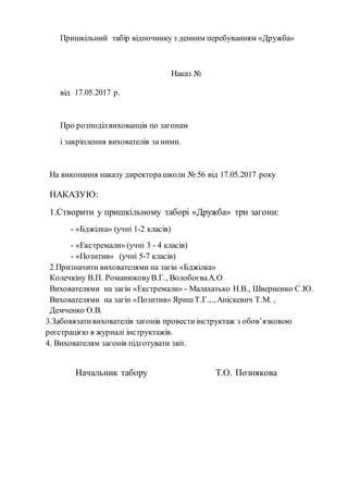 Пришкільний табір відпочинку з денним перебуванням «Дружба»
Наказ №
від 17.05.2017 р.
Про розподілвихованців по загонам
і закріплення вихователів за ними.
На виконання наказу директорашколи № 56 від 17.05.2017 року
НАКАЗУЮ:
1.Створити у пришкільному таборі «Дружба» три загони:
- «Бджілка» (учні 1-2 класів)
- «Екстремали» (учні 3 - 4 класів)
- «Позитив» (учні 5-7 класів)
2.Призначити вихователями на загін «Бджілка»
Колечкіну В.П. РоманюковуВ.Г., ВолобоєваА.О
Вихователями на загін «Екстремали» - Малахатько Н.В., Шверненко С.Ю.
Вихователями на загін «Позитив» ЯришТ.Г.,., Аніскевич Т.М. ,
Демченко О.В.
3.Забовязативихователів загонів провестиінструктаж з обов’язковою
реєстрацією в журналі інструктажів.
4. Вихователям загонів підготувати звіт.
Начальник табору Т.О. Познякова
 