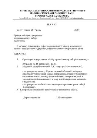 ЗЛИНСЬКА ЗАГАЛЬНООСВІТНЯ ШКОЛА № 1 І-ІІІ ступенів
МАЛОВИСКІВСЬКОЇ РАЙОННОЇ РАДИ
КІРОВОГРАДСЬКА ОБЛАСТЬ
Адреса: 26232 село Злинка, вул. ,Комсомольська,1 ,тел. – факс. 0525836-2-51. E-mail: zlunka1@mail.ru
Н А К АЗ
від 17 травня 2017 року № 57
Про організацію харчування
в пришкільному таборі
відпочинку
В зв’язкуз організацією роботипришкільного табору відпочинку з
денним перебуванням «Дружба», з метою належного харчування дітей
НАКАЗУЮ:
1. Організувати харчування дітей у пришкільному таборі відпочинку з
29 травня по 16 червня 2017 року.
2. Медичній сестріМашичевій Л.К. та кухару Максименко А.О.
- дотримуватися наказу Кіровоградськоїобласноїсанітарно-
епідеміологічної станції «Щодо здійснення державного санітарно-
епідеміологічного нагляду за організацією харчування дітей в
загальноосвітніх навчальних, в тому числі інтернатних закладах»
( додається);
- дотримуватися забов’язань,щодо приготування страв в таборі
( додається).
3. Контроль завиконанням даного наказу залишаю за собою.
Директор школи Л.І.Максименко
 