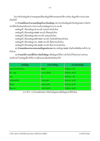 - 18 -
ในการจัดเก็บขอมูลตองกําหนดคุณสมบัติของขอมูลใหชัดเจนตลอดจนวิธีการเตรียม ขอมูลเพื่อการประมวลผล
ดังตอไปนี้
(1) กําหนดชื่อและจํานวนเขตขอมูลในระเบียนขอมูล เชน ในระเบียนขอมูลนักเรียนในรูปแสดงการจัดเก็บ
ประวัตินักเรียนในคอมพิวเตอร อาจประกอบดวยเขตขอมูลจํานวน 6 เขต คือ
เขตขอมูลที่ 1 ชื่อเขตขอมูล ID หมายถึง เลขประจําตัวนักเรียน
เขตขอมูลที่ 2 ชื่อเขตขอมูล NAME หมายถึง ชื่อสกุลนักเรียน
เขตขอมูลที่ 3 ชื่อเขตขอมูล SEX หมายถึง เพศของนักเรียน
เขตขอมูลที่ 4 ชื่อเขตขอมูล BIRTHDAY หมายถึง วันเดือนปเกิดของนักเรียน
เขตขอมูลที่ 5 ชื่อเขตขอมูล FA_ NAME หมายถึง ชื่อบิดาของนักเรียน
เขตขอมูลที่ 6 ชื่อเขตขอมูล MO_NAME หมายถึง ชื่อมารดาของนักเรียน
(2) กําหนดชนิดและขนาดของเขตขอมูลแตละเขต เชน เขตขอมูล NAME เปนตัวหนังสือมีขนาดที่เก็บ 30
ตัวอักษร
(3) กําหนดวิธีการและสื่อในการจัดเก็บขอมูล แฟมขอมูลจะไดรับการนําไปเก็บไวในหนวยความจําของ
คอมพิวเตอร โดยขอมูลนี้อาจไดรับการเปลี่ยนแปลงเพิ่มเติมหรือตัดออกได
เขตขอมูล ตัวอยางขอมูล ขนาดของขอมูล
เลขประจําตัวนักเรียน 00001 ตัวอักษร 5 ตัว
ชื่อ - สกุล มานะ แข็งขัน ตัวอักษร 30 ตัว
เพศ ช ตัวอักษร 1 ตัว
วันเดือนปเกิด 12/01/2531 ตัวอักษร 10 ตัว
ชื่อบิดา มนัส แข็งขัน ตัวอักษร 30 ตัว
ชื่อมารดา ราตรี แข็งขัน ตัวอักษร 30 ตัว
ตารางที่ 3 การกําหนดลักษณะการจัดเก็บขอมูลของแฟมขอมูลประวัตินักเรียน
รายวิชา ง40101 เทคโนโลยีสารสนเทศและการเขียนโปรแกรมขั้นตน ภาคเรียนที่ 1/2552
 