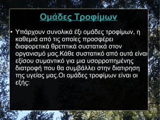 Ομάδες Τροφίμων
● Υπάρχουν συνολικά έξι ομάδες τροφίμων, η
καθεμιά από τις οποίες προσφέρει
διαφορετικά θρεπτικά συστατικά στον
οργανισμό μας.Κάθε συστατικό από αυτά είναι
εξίσου συμαντικό για μια υσορροπημένης
διατροφή που θα συμβάλλει στην διατιρηση
της υγείας μας.Οι ομάδες τροφίμων είναι οι
εξής:
 