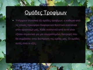 Ομάδες Τροφίμων
● Υπάρχουν συνολικά έξι ομάδες τροφίμων, η καθεμιά από
τις οποιές προσφέρει διαφορετικά θρεπτικά συστατικα
στον οργανισμό μας. Κάθε συστατικό από αυτά είναι
εξίσου σημαντικό για μία ισορροπημένη διατροφή που
θα συμβάλλει στην διατήρηση της υγείας μας. Οι ομάδες
αυτές είναι οι εξής:
 