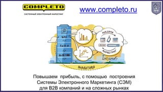 Повышаем прибыль, с помощью построения
Системы Электронного Маркетинга (СЭМ)
для B2B компаний и на сложных рынках
www.completo.ru
 