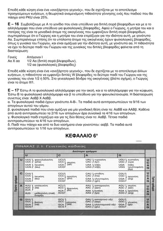 Επειδή κάθε κύηση είναι ένα «ανεξάρτητο γεγονός», που δε σχετίζεται με το αποτέλεσμα
προηγούμενων κυήσεων, η θεωρητικά αναμενόμενη πιθανότητα γέννησης ενός 4ου παιδιού που θα
πάσχει από PKU είναι 25%.
Ε – 16 Συμβολίζουμε με Α το γονίδιο που είναι υπεύθυνο για διπλή σειρά βλεφαρίδων και με α το
αλληλόμορφο που είναι υπεύθυνο για φυσιολογικές βλεφαρίδες. Αφού ο Γιώργος, η μητέρα του και ο
πατέρας της είναι τα μοναδικά άτομα της οικογένειας που εμφανίζουν διπλή σειρά βλεφαρίδων,
συμπεραίνουμε ότι ο Γιώργος και η μητέρα του είναι ετερόζυγοι για την ιδιότητα αυτή, με γονότυπο
Αα. Συμπεραίνουμε επίσης ότι τα υπόλοιπα άτομα της οικογένειας έχουν φυσιολογικές βλεφαρίδες,
όπως η γυναίκα του Γιώργου, και είναι ομόζυγα για την ιδιότητα αυτή, με γονότυπο αα. Η πιθανότητα
να έχει το δεύτερο παιδί του Γιώργου και της γυναίκας του διπλές βλεφαρίδες φαίνεται από τη
διασταύρωση:
Γονείς Απόγονοι I
Αα Χ αα 1/2 Αα (διπλή σειρά βλεφαρίδων),
1/2 αα (φυσιολογικές βλεφαρίδες)
Επειδή κάθε κύηση είναι ένα «ανεξάρτητο γεγονός», που δε σχετίζεται με το αποτέλεσμα άλλων
κυήσεων, η πιθανότητα να εμφανίζει διπλές W βλεφαρίδες το δεύτερο παιδί του Γιώργου και της
γυναίκας του είναι 1/2 ή 50%. Στο γενεαλογικό δένδρο της οικογένειας (βλέπε σχήμα), ο Γιώργος
είναι το άτομο ΙΙΙ1.
Ε – 17 Έστω Α το φυσιολογικό αλληλόμορφο για την ακοή, και α το αλληλόμορφο για την κώφωση.
Έστω Β το φυσιολογικό αλληλόμορφο και β το υπεύθυνο για την φαινυλκετονουρία. Η διασταύρωση
συνεπώς είναι: ΑαΒβ Χ ΑαΒβ.
α. Τα φυσιολογικά παιδιά έχουν γονότυπο Α-Β-. Τα παιδιά αυτά αντιπροσωπεύουν τα 9/16 των
απογόνων αυτού του γάμου.
β. φυσιολογικά παιδιά που είναι ομόζυγα για μία γονιδιακή θέση είναι τα: ΑαΒΒ και ΑΑΒβ. Καθένα
από αυτά αντιπροσωπεύει τα 2/16 των απογόνων άρα συνολικά τα 4/16 των απογόνων.
γ. Φυσιολογικό παιδί ετερόζυγο και για τις δύο θέσεις είναι το: ΑαΒβ. Τέτοια παιδιά
αντιπροσωπεύουν τα 4/16 των απογόνων.
δ. Παιδί που πάσχει και από τα δυο νοσήματα είναι γονοτύπου: ααββ. Τα παιδιά αυτά
αντιπροσωπεύουν το 1/16 των απογόνων.
ΚΕΦΑΛΑΙΟ 6ο
 