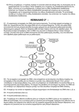 10) Όπως γνωρίζουμε, ο πυρήνας περιέχει το γενετικό υλικό και ελέγχει όλες τις λειτουργίες και τα
χαρακτηριστικά των κυττάρων. Είναι προφανές ότι ο πυρήνας της Acetabularia βρίσκεται στη
βάση, συνεπώς με τη μεταμόσχευση, ο μίσχος από το είδος Acetabularia mediteranea
απέκτησε τον πυρήνα του είδους Acetabularia crenulata και επομένως και τις γενετικές
πληροφορίες για το σχηματισμό καπέλου του είδους Acetabularia crenulata. Το αντίστροφο
συνέβη με το μίσχο από το είδος Acetabularia crenulata, που απέκτησε τον πυρήνα του είδους
Acetabularia mediteranea.
ΚΕΦΑΛΑΙΟ 2ο
:
Ε1 - Ο μηχανισμός αντιγραφής του DNA είναι ημισυντηρητικός. Το κύτταρο αρχικά αντιγράφει το
DNA του, σχηματίζοντας δύο νέα μόρια DNA και στη συνέχεια διαιρείται. Τα δύο νέα μόρια DNA
αποτελούνται από μία μητρική αλυσίδα (συνεχής γραμμή) και μία θυγατρική ραδιενεργή αλυσίδα
(διακεκομμένη γραμμή). Κατά την διαίρεση κάθε κύτταρο παίρνει από ένα νέο υβριδικό μόριο. Τα
θυγατρικά κύτταρα αντιγράφουν πάλι το DNA τους και κατά τη διαίρεση δίνουν τελικά τέσσερα
κύτταρα. Στα δύο από αυτά το DNA αποτελείται από δύο ραδιενεργές αλυσίδες, ενώ στα άλλα δύο
από υβριδικά μόρια (ραδιενεργό και μη ραδιενεργό).
Ε2 - Για να αρχίσει η αντιγραφή του DNA, είναι απαραίτητο να ξετυλιχτούν στις θέσεις έναρξης της
αντιγραφής οι δύο αλυσίδες και να σπάσουν οι μεταξύ τους υδρογονικοί δεσμοί. Έτσι, μένουν
«ελεύθερες» οι αζωτούχες βάσεις τους, ώστε να μπορέσουν να τοποθετηθούν τα νουκλεοτίδια με τις
συμπληρωματικές αζωτούχες βάσεις. Τα ένζυμα που βοηθούν στο ξετύλιγμα της έλικας του DNA και
στο σπάσιμο των υδρογονικών δεσμών μεταξύ των δύο αλυσίδων ονομάζονται DNA ελικάσες.
Ε3 - Η σειρά με την οποία τα παρακάτω ένζυμα συμμετέχουν στο διπλασιασμό του DNA είναι: γ, β, α.
Ε4 - Η σωστή απάντηση είναι η α.
Ε5 - Η σωστή απάντηση είναι η γ.
Ε6 - Γνωρίζουμε ότι η αδενίνη συνδέεται μόνο με τη θυμίνη του DNA ή μόνο με την ουρακίλη του
RNA και αντίστροφα, ενώ η κυτοσίνη μόνο με γουανίνη και αντίστροφα. Ανάμεσα στην αδενίνη και τη
θυμίνη καθώς και ανάμεσα στην αδενίνη και την ουρακίλη σχηματίζονται δύο δεσμοί υδρογόνου, ενώ
ανάμεσα στη γουανίνη και την κυτοσίνη σχηματίζονται τρεις δεσμοί υδρογόνου.
 