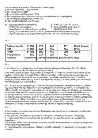 Η συμπληρωματικότητα των βάσεων είναι υπεύθυνη για:
α) Τη δομή της διπλής έλικας του DNA
β) Την αντιγραφή του DNA
γ) Τη μεταγραφή του RNA από το DNA
δ) Την αναγνώριση του κωδικονίου από το αντικωδικόνιο κατά τη μετάφραση
ε) Την αντίστροφη μεταγραφή των RNA ιών
στ) Τον αυτοδιπλασιασμό των RNA ιών.
Ε7 - Συμπληρωματική αλυσίδα DNA: 5'- ATG ACG TAT TAC ΤΑΑ -3'
mRNA που μεταγράφεται: 5'- AUG ACG UAU UAC UAA- 3'
αντικωδικόνια για κάθε κωδικόνιο του RNA: UAC UGC AUA AUG
αμινοξέα του πεπτιδίου που θα συντεθεί: μεθειονίνη-θρεονίνη-τυροσίνη-τυροσίνη.
Στη συγκεκριμένη αλληλουχία mRNA η τελευταία τριπλέτα είναι κωδικόνιο λήξης.
Ε8 –
Ε9 –
α. Υπεύθυνα για τη σύνθεση των τεσσάρων πολυπεπτιδικών αλυσίδων είναι δύο είδη mRNA,
ένα για την αλυσίδα α και ένα για την αλυσίδα β.
β. To mRNA για τη σύνθεση της αλυσίδας α περιέχει 141x3=423 νουκλεοτίδια και το mRNA για τη
σύνθεση της αλυσίδας β περιέχει 146x3=438 νουκλεοτίδια, επειδή μία τριάδα νουκλεοτιδίων του
mRNA κωδικοποιεί ένα αμινοξύ. Δεν υπολογίζεται στο mRNA το κωδικόνιο λήξης. Επιπλέον,
γνωρίζουμε ότι το mRNA έχει τις 5' και 3' αμετάφραστες περιοχές, οι οποίες επίσης δεν υπολογίζο-
νται στον αριθμό των νουκλεοτιδίων.
Ε10 – Οι γενετικές πληροφορίες του DNA των πρόδρομων ερυθρών αιμοσφαιρίων για τη σύνθεση
των β αλυσίδων της αιμοσφαιρίνης Α έχουν μεταγραφεί στο αντίστοιχο mRNA. Η μετάφραση του
mRNA, δηλαδή η αντιστοίχιση των κωδικονίων σε αμινοξέα και η διαδοχική σύνδεση των αμινοξέων
σε πολυπεπτιδική αλυσίδα, πραγματοποιείται στα ριβοσώματα με τη βοήθεια των tRNA και με τη
συμμετοχή αρκετών ενζύμων και ενέργειας. Τα ριβοσώματα δεν είναι εξειδικευμένα συστατικά της
μεταφραστικής μηχανής και με αυτή την έννοια μπορούν να χρησιμοποιηθούν ως θέση μετάφρασης
για οποιοδήποτε mRNA. Επιπλέον, ο γενετικός κώδικας είναι σχεδόν καθολικός με συνέπεια
πρακτικά όλοι οι οργανισμοί να έχουν τον ίδιο γενετικό κώδικα. Αυτό εξηγεί γιατί στο εκχύλισμα των
βακτηριακών κυττάρων παρατηρούμε σύνθεση β αλυσίδων της αιμοσφαιρίνης.
Ε11 –
α. Οι πρωτεΐνες αποτελούνται από είκοσι διαφορετικά είδη αμινοξέων, τα οποία είναι τοποθετημένα
σε συγκεκριμένη σειρά.
β. Μία τριπλέτα είναι μια σειρά τριών βάσεων στο μόριο του DNA. Κωδικοποιεί ένα αμινοξύ.
γ. Η πρωτεϊνοσύνθεση πραγματοποιείται σε δομές του κυτταροπλάσματος, που ονομάζονται
ριβοσώματα.
δ. Ένα μόριο mRNA είναι «αντίγραφο» τμήματος του DNA και μεταφέρει τη γενετική πληροφορία από
τον πυρήνα στα ριβοσώματα.
ε. Η αλληλουχία των νουκλεοτιδίων (βάσεων) στο DNA καθορίζει την ακολουθία των αμινοξέων στην
πρωτεΐνη.
 