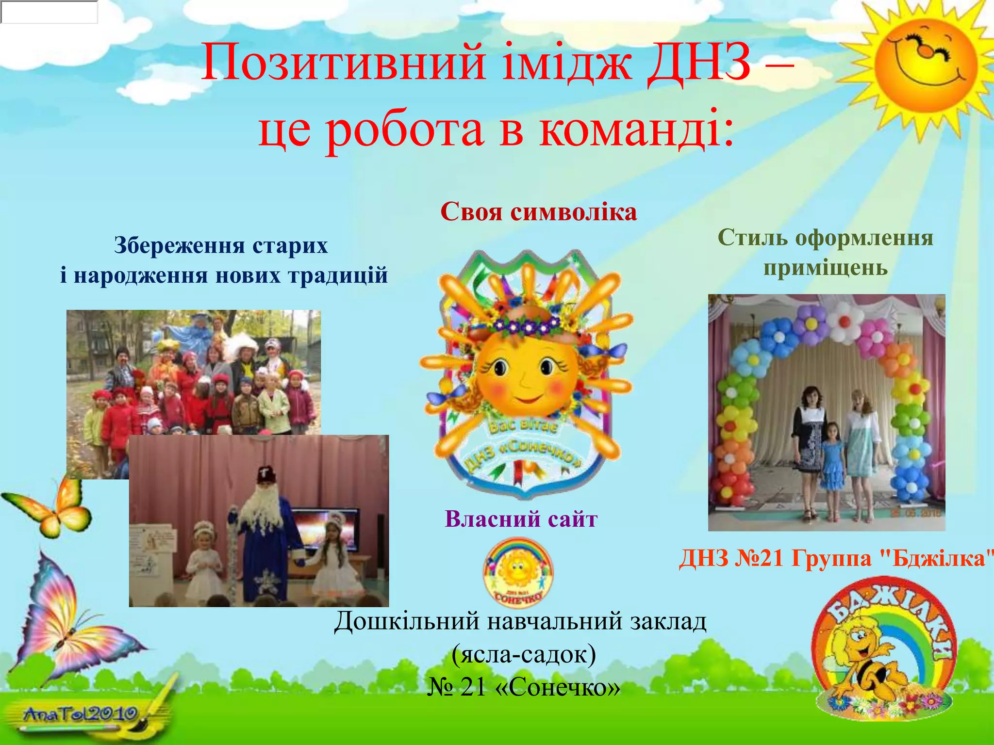 Позитивний імідж ДНЗ –
це робота в команді:
Своя символіка
Збереження старих
і народження нових традицій
Стиль оформлення
приміщень
Дошкільний навчальний заклад
(ясла-садок)
№ 21 «Сонечко»
Власний сайт
ДНЗ №21 Группа "Бджілка"
 