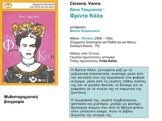 Cercenà, Vanna.
Βάνα Τσερτσενά ·
Φρίντα Κάλο
μετάφραση
Μελίνα Καρακώστα.
Αθήνα : Πατάκη, 2008. - 130σ.
(Σύγχρονη Λογοτεχνία για Παιδιά και για Νέους ·
Συλλογή Κύκνοι · 75)
Ηλικίες: από 12 ετών.
Γλώσσα πρωτοτύπου: ισπανικά
Τίτλος πρωτοτύπου: Frida Kahlo
Η Φρίντα Κάλο, γεννημένη μαζί με τη
μεξικανική επανάσταση, ανασύρει μέσα από
την ακινησία που της προκάλεσε ένα φοβερό
ατύχημα, μέσα από τις γεμάτες πάθος αγάπες
της και τα μεγάλα ιδανικά, τη δύναμη για να
εκφράσει με τα πινέλα της τη σαρωτική της
ζωντάνια.
Η ζωγραφική της, γεμάτη συμβολισμούς,
φαντασία και μυστήριο, μοιάζει με φύσημα
δροσερού ανέμου που από το Μεξικό φτάνει
στον υπόλοιπο κόσμο. Αυτό το βιβλίο
διηγείται την ιστορία της.
Μυθιστορηματική
βιογραφία
 