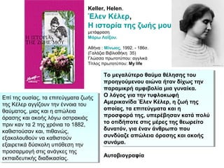 Keller, Helen.
Έλεν Κέλερ,
Η ιστορία της ζωής μου
μετάφραση
Μάρω Λοΐζου.
Αθήνα : Μίνωας, 1992. - 186σ.
(Γαλάζια Βιβλιοθήκη 35)
Γλώσσα πρωτοτύπου: αγγλικά
Τίτλος πρωτοτύπου: My life
To μεγαλύτερο θαύμα θέλησης του
προηγούμενου αιώνα ήταν δίχως την
παραμικρή αμφιβολία μια γυναίκα.
Ο λόγος για την τυφλοκωφή
Αμερικανίδα Έλεν Κέλερ, η ζωή της
οποίας, τα επιτεύγματα και η
προσφορά της, υπερέβησαν κατά πολύ
το οτιδήποτε στις μέρες της θεωρείτο
δυνατόν, για έναν άνθρωπο που
συνδύαζε απώλεια όρασης και ακοής
συνάμα.
To μεγαλύτερο θαύμα θέλησης του
προηγούμενου αιώνα ήταν δίχως την
παραμικρή αμφιβολία μια γυναίκα.
Ο λόγος για την τυφλοκωφή
Αμερικανίδα Έλεν Κέλερ, η ζωή της
οποίας, τα επιτεύγματα και η
προσφορά της, υπερέβησαν κατά πολύ
το οτιδήποτε στις μέρες της θεωρείτο
δυνατόν, για έναν άνθρωπο που
συνδύαζε απώλεια όρασης και ακοής
συνάμα.
Επί της ουσίας, τα επιτεύγματα ζωής
της Κέλερ αγγίζουν την έννοια του
θαύματος, μιας και η απώλεια
όρασης και ακοής λόγω οστρακιάς
πριν καν τα 2 της χρόνια το 1882,
καθιστούσαν και, πιθανώς,
εξακολουθούν να καθιστούν
εξαιρετικά δύσκολη υπόθεση την
προσαρμογή στις ανάγκες της
εκπαιδευτικής διαδικασίας.
Επί της ουσίας, τα επιτεύγματα ζωής
της Κέλερ αγγίζουν την έννοια του
θαύματος, μιας και η απώλεια
όρασης και ακοής λόγω οστρακιάς
πριν καν τα 2 της χρόνια το 1882,
καθιστούσαν και, πιθανώς,
εξακολουθούν να καθιστούν
εξαιρετικά δύσκολη υπόθεση την
προσαρμογή στις ανάγκες της
εκπαιδευτικής διαδικασίας. Αυτοβιογραφία
 