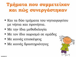 Τμήματα που συμμετείχαν
και πώς συνεργάστηκαν
• Και τα δύο τμήματα του νηπιαγωγείου
με νήπια και προνήπια.
• Με την ίδια μεθοδολογία
• Με τον ίδιο χωρισμό σε ομάδες
• Με κοινές επισκέψεις
• Με κοινές δραστηριότητες
 