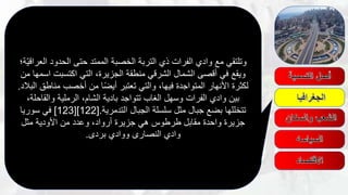 ّ‫ي‬‫العراق‬ ‫الحدود‬ ‫حتى‬ ‫الممتد‬ ‫الخصبة‬ ‫التربة‬ ‫ذي‬ ‫الفرات‬ ‫وادي‬ ‫مع‬ ‫وتلتقي‬‫ة؛‬
‫من‬ ‫اسمها‬ ‫اكتسبت‬ ‫التي‬ ،‫الجزيرة‬ ‫منطقة‬ ‫الشرقي‬ ‫الشمال‬ ‫أقصى‬ ‫في‬ ‫ويقع‬
‫البال‬ ‫مناطق‬ ‫أخصب‬ ‫من‬ ‫ا‬ً‫ض‬‫أي‬ ‫تعتبر‬ ‫والتي‬ ،‫فيها‬ ‫المتواجدة‬ ‫األنهار‬ ‫لكثرة‬‫د‬.
،‫والقاحلة‬ ‫الرملية‬ ،‫الشام‬ ‫بادية‬ ‫تتواجد‬ ‫الغاب‬ ‫وسهل‬ ‫الفرات‬ ‫وادي‬ ‫بين‬
‫التدمرية‬ ‫الجبال‬ ‫سلسلة‬ ‫مثل‬ ‫جبال‬ ‫بضع‬ ‫تتخللها‬[.122[]123]‫سوريا‬ ‫في‬
‫مثل‬ ‫األودية‬ ‫من‬ ‫وعدد‬ ،‫أرواد‬ ‫جزيرة‬ ‫هي‬ ‫طرطوس‬ ‫مقابل‬ ‫واحدة‬ ‫جزيرة‬
‫بردى‬ ‫ووادي‬ ‫النصارى‬ ‫وادي‬.
 