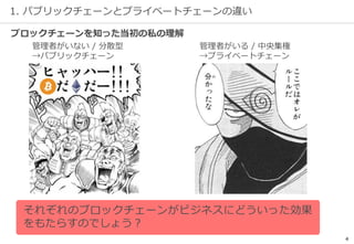 1. パブリックチェーンとプライベートチェーンの違い
4
管理者がいる / 中央集権
→プライベートチェーン
管理者がいない / 分散型
→パブリックチェーン
ブロックチェーンを知った当初の私の理解
それぞれのブロックチェーンがビジネスにどういった効果
をもたらすのでしょう？
 