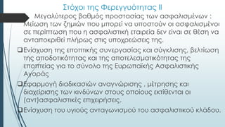 Στόχοι της Φερεγγυότητας ΙΙ
 Μεγαλύτερος βαθμός προστασίας των ασφαλισμένων :
Μείωση των ζημιών που μπορεί να υποστούν οι ασφαλισμένοι
σε περίπτωση που η ασφαλιστική εταιρεία δεν είναι σε θέση να
ανταποκριθεί πλήρως στις υποχρεώσεις της.
Ενίσχυση της εποπτικής συνεργασίας και σύγκλισης, βελτίωση
της αποδοτικότητας και της αποτελεσματικότητας της
εποπτείας για το σύνολο της Ευρωπαϊκής Ασφαλιστικής
Αγοράς
Εφαρμογή διαδικασιών αναγνώρισης , μέτρησης και
διαχείρισης των κινδύνων στους οποίους εκτίθενται οι
(αντ)ασφαλιστικές επιχειρήσεις.
Ενίσχυση του υγιούς ανταγωνισμού του ασφαλιστικού κλάδου.
 