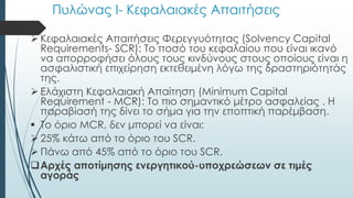 Πυλώνας Ι- Κεφαλαιακές Απαιτήσεις

 Κεφαλαιακές Απαιτήσεις Φερεγγυότητας (Solvency Capital
Requirements- SCR): Το ποσό του κεφαλαίου που είναι ικανό
να απορροφήσει όλους τους κινδύνους στους οποίους είναι η
ασφαλιστική επιχείρηση εκτεθειμένη λόγω της δραστηριότητάς
της.
 Ελάχιστη Κεφαλαιακή Απαίτηση (Minimum Capital
Requirement - MCR): Το πιο σημαντικό μέτρο ασφαλείας . Η
παραβίασή της δίνει το σήμα για την εποπτική παρέμβαση.
 Το όριο MCR, δεν μπορεί να είναι:
 25% κάτω από το όριο του SCR.
 Πάνω από 45% από το όριο του SCR.
Αρχές αποτίμησης ενεργητικού-υποχρεώσεων σε τιμές
αγοράς
 
