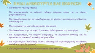 • Να πλάθουν, να μορφοποιούν
• Να χρησιμοποιούν με πολλούς τρόπους διάφορα υλικά για να κάνουν
μικροκατασκευές
• Να εκφράζονται με τον αυτοσχεδιασμό και τη μίμηση, να εκφράζουν σκέψεις και
συναισθήματα
• Να συνεργάζονται και να δημιουργούν από κοινού
• Να εξοικειώνονται με τις τεχνικές του κουκλοθεάτρου και της παντομίμας
• Να συνεργαστούν, να πάρουν αποφάσεις, να μοιράσουν ευθύνες και να
οργανώσουν από κοινό μια εκδήλωση της τάξης
• Να δημιουργούν πολλαπλής φύσης καλλιτεχνικά δημιουργήματα( κατασκευή
κούκλας, σκηνικών, μάσκας)
• Να τραγουδάνε απλά τραγούδια ομαδικά μέσα στην τάξη
 