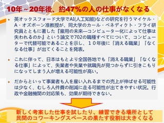 10年～20年後、約47%の人の仕事がなくなる
 英オックスフォード大学でAI(人工知能)などの研究を行うマイケル・
A・オズボーン准教授が、同大学のカール・ベネディクト・フライ研
究員とともに著した『雇用の未来—コンピューター化によって仕事は
失われるのか』という論文で702の職種すべてについて、コンピュー
ターで代替可能であることを示し、１０年後に「消える職業」「なく
なる仕事」が出てくることを発表。
 これに伴って、日本はもとより全国各地でも「消える職業」「なくな
る仕事」によって、失業者や失業や就職先が見つからずに引きこもり
になってしまう人が増える可能性が高い。
 だからといって事業者も人を雇い入れるまでの売上が伸ばせる可能性
は少なく、むしろ人件費の削減に走る可能性が出てきやすい状況。行
政や金融機関の対応策も、効果が期待できない。
新しく考案した仕事を試したり、練習できる場所として
民間のコワーキングスペースの果たす役割は大きくなる
 