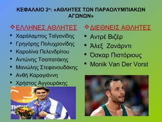 ΚΕΦΑΛΑΙΟ 2ο
: «ΑΘΛΗΤΕΣ ΤΩΝ ΠΑΡΑΟΛΥΜΠΙΑΚΩΝ
ΑΓΩΝΩΝ»
ΕΛΛΗΝΕΣ ΑΘΛΗΤΕΣ
 Χαράλαμπος Ταϊγανίδης
 Γρηγόρης Πολυχρονίδης
 Καρολίνα Πελενδρίτου
 Αντώνης Τσαπατάκης
 Μανώλης Στεφανουδάκης
 Ανθή Καραγιάννη
 Χρήστος Αγγουράκης
ΔΙΕΘΝΕΙΣ ΑΘΛΗΤΕΣ
 Αντρέ Βιζέρ
 Άλεξ Ζανάρντι
 Όσκαρ Πιστόριους
 Monik Van Der Vorst
 