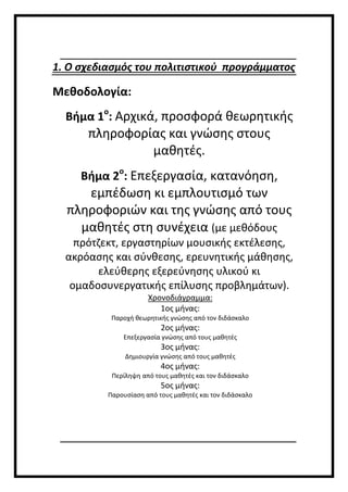 1. Ο σχεδιασμός του πολιτιστικού προγράμματος
Μεθοδολογία:
Βήμα 1ο
: Αρχικά, προσφορά θεωρητικής
πληροφορίας και γνώσης στους
μαθητές.
Βήμα 2ο
: Επεξεργασία, κατανόηση,
εμπέδωση κι εμπλουτισμό των
πληροφοριών και της γνώσης από τους
μαθητές στη συνέχεια (με μεθόδους
πρότζεκτ, εργαστηρίων μουσικής εκτέλεσης,
ακρόασης και σύνθεσης, ερευνητικής μάθησης,
ελεύθερης εξερεύνησης υλικού κι
ομαδοσυνεργατικής επίλυσης προβλημάτων).
Χρονοδιάγραμμα:
1ος μήνας:
Παροχή θεωρητικής γνώσης από τον διδάσκαλο
2ος μήνας:
Επεξεργασία γνώσης από τους μαθητές
3ος μήνας:
Δημιουργία γνώσης από τους μαθητές
4ος μήνας:
Περίληψη από τους μαθητές και τον διδάσκαλο
5ος μήνας:
Παρουσίαση από τους μαθητές και τον διδάσκαλο
 