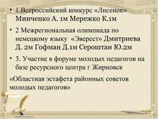 • 1.Всероссийский конкурс «Лисенок»
Минченко А. 1м Мережко К.1м
• 2 Межрегиональная олимпиада по
немецкому языку «Эверест» Дмитриева
Д. 2м Гофман Д.1м Сероштан Ю.2м
• 3. Участие в форуме молодых педагогов на
базе ресурсного центра г Жирновск
«Областная эстафета районных советов
молодых педагогов»
 