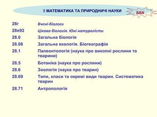 5 МАТЕМАТИКА ТА ПРИРОДНИЧІ НАУКИ
28г Вчені-біологи
28я92 Цікава біологія. Юні натуралісти
28.0 Загальна біологія
28.08 Загальна екологія. Біогеографія
28.1 Палеонтологія (наука про викопні рослини та
тварини)
28.5 Ботаніка (наука про рослини)
28.6 Зоологія (наука про тварин)
28.69 Типи, класи та окремі види тварин. Систематика
тварин
28.71 Антропологія
ББК
 