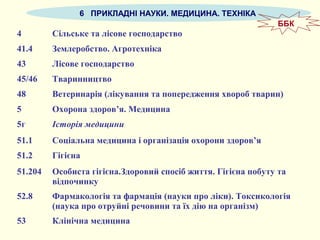 6 ПРИКЛАДНІ НАУКИ. МЕДИЦИНА. ТЕХНІКА
4 Сільське та лісове господарство
41.4 Землеробство. Агротехніка
43 Лісове господарство
45/46 Тваринництво
48 Ветеринарія (лікування та попередження хвороб тварин)
5 Охорона здоров’я. Медицина
5г Історія медицини
51.1 Соціальна медицина і організація охорони здоров’я
51.2 Гігієна
51.204 Особиста гігієна.Здоровий спосіб життя. Гігієна побуту та
відпочинку
52.8 Фармакологія та фармація (науки про ліки). Токсикологія
(наука про отруйні речовини та їх дію на організм)
53 Клінічна медицина
ББК
 