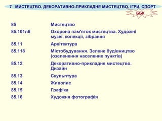 7 МИСТЕЦТВО. ДЕКОРАТИВНО-ПРИКЛАДНЕ МИСТЕЦТВО. ІГРИ. СПОРТ
85 Мистецтво
85.101л6 Охорона пам'яток мистецтва. Художні
музеї, колекції, зібрання
85.11 Архітектура
85.118 Містобудування. Зелене будівництво
(озеленення населених пунктів)
85.12 Декоративно-прикладне мистецтво.
Дизайн
85.13 Скульптура
85.14 Живопис
85.15 Графіка
85.16 Художня фотографія
ББК
 