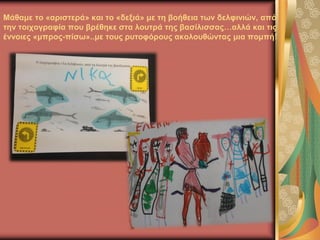 Μάθαμε το «αριστερά» και το «δεξιά» με τη βοήθεια των δελφινιών, από
την τοιχογραφία που βρέθηκε στα λουτρά της βασίλισσας…αλλά και τις
έννοιες «μπρος-πίσω»..με τους ρυτοφόρους ακολουθώντας μια πομπή!
 