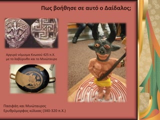 Αργυρό νόμισμα Κνωσού 425 π.Χ.
με το λαβύρινθο και το Μινώταυρο
Πασιφάη και Μινώταυρος
Ερυθρόμορφος κύλικας (340-320 π.Χ.)
Πως βοήθησε σε αυτό ο Δαίδαλος;
 
