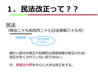 １．民法改正って？？
民法
（明治二十九年四月二十七日法律第八十九号）
1896年 約120年前
にできた！
細かい部分の修正や封建的な家族制度の修正のため、
改正が全くされていない訳ではない。
が、債権法分野を中心に大きな改正をする。
 