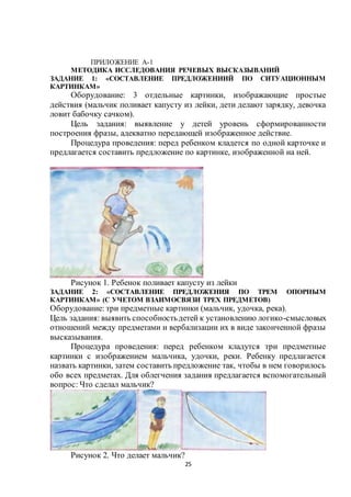 25
ПРИЛОЖЕНИЕ А-1
МЕТОДИКА ИССЛЕДОВАНИЯ РЕЧЕВЫХ ВЫСКАЗЫВАНИЙ
ЗАДАНИЕ 1: «СОСТАВЛЕНИЕ ПРЕДЛОЖЕНИИЙ ПО СИТУАЦИОННЫМ
КАРТИНКАМ»
Оборудование: 3 отдельные картинки, изображающие простые
действия (мальчик поливает капусту из лейки, дети делают зарядку, девочка
ловит бабочку сачком).
Цель задания: выявление у детей уровень сформированности
построения фразы, адекватно передающей изображенное действие.
Процедура проведения: перед ребенком кладется по одной карточке и
предлагается составить предложение по картинке, изображенной на ней.
Рисунок 1. Ребенок поливает капусту из лейки
ЗАДАНИЕ 2: «СОСТАВЛЕНИЕ ПРЕДЛОЖЕНИЯ ПО ТРЕМ ОПОРНЫМ
КАРТИНКАМ» (С УЧЕТОМ ВЗАИМОСВЯЗИ ТРЕХ ПРЕДМЕТОВ)
Оборудование: три предметные картинки (мальчик, удочка, река).
Цель задания: выявить способностьдетей к установлению логико-смысловых
отношений между предметами и вербализации их в виде законченной фразы
высказывания.
Процедура проведения: перед ребенком кладутся три предметные
картинки с изображением мальчика, удочки, реки. Ребенку предлагается
назвать картинки, затем составить предложение так, чтобы в нем говорилось
обо всех предметах. Для облегчения задания предлагается вспомогательный
вопрос: Что сделал мальчик?
Рисунок 2. Что делает мальчик?
 