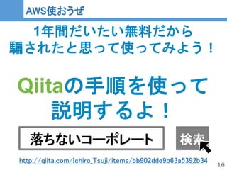 16
16
AWS使おうぜ
1年間だいたい無料だから
騙されたと思って使ってみよう！
Qiitaの手順を使って
説明するよ！
落ちないコーポレート 検索
http://qiita.com/Ichiro_Tsuji/items/bb902dde9b63a5392b34
 