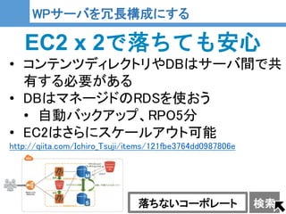 25
25
WPサーバを冗長構成にする
EC2 x 2で落ちても安心
• コンテンツディレクトリやDBはサーバ間で共
有する必要がある
• DBはマネージドのRDSを使おう
• 自動バックアップ、RPO5分
• EC2はさらにスケールアウト可能
http://qiita.com/Ichiro_Tsuji/items/121fbe3764dd0987806e
落ちないコーポレート 検索
 