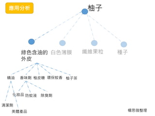 應用分析 柚子
綠色含油的
外皮
白色薄膜 纖維果粒 種子
精油 香味劑 柚皮糖 環保蚊香
化妝品 防蚊液
清潔劑
美體產品
除臭劑
柚子茶
楊思薇整理
 
