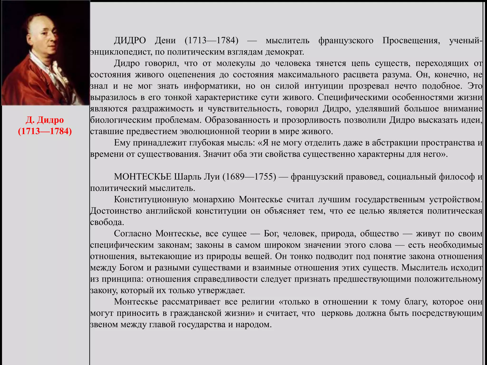 Д. Дидро
(1713—1784)
ДИДРО Дени (1713—1784) — мыслитель французского Просвещения, ученый-
энциклопедист, по политическим взглядам демократ.
Дидро говорил, что от молекулы до человека тянется цепь существ, переходящих от
состояния живого оцепенения до состояния максимального расцвета разума. Он, конечно, не
знал и не мог знать информатики, но он силой интуиции прозревал нечто подобное. Это
выразилось в его тонкой характеристике сути живого. Специфическими особенностями жизни
являются раздражимость и чувствительность, говорил Дидро, уделявший большое внимание
биологическим проблемам. Образованность и прозорливость позволили Дидро высказать идеи,
ставшие предвестием эволюционной теории в мире живого.
Ему принадлежит глубокая мысль: «Я не могу отделить даже в абстракции пространства и
времени от существования. Значит оба эти свойства существенно характерны для него».
МОНТЕСКЬЕ Шарль Луи (1689—1755) — французский правовед, социальный философ и
политический мыслитель.
Конституционную монархию Монтескье считал лучшим государственным устройством.
Достоинство английской конституции он объясняет тем, что ее целью является политическая
свобода.
Согласно Монтескье, все сущее — Бог, человек, природа, общество — живут по своим
специфическим законам; законы в самом широком значении этого слова — есть необходимые
отношения, вытекающие из природы вещей. Он тонко подводит под понятие закона отношения
между Богом и разными существами и взаимные отношения этих существ. Мыслитель исходит
из принципа: отношения справедливости следует признать предшествующими положительному
закону, который их только утверждает.
Монтескье рассматривает все религии «только в отношении к тому благу, которое они
могут приносить в гражданской жизни» и считает, что церковь должна быть посредствующим
звеном между главой государства и народом.
 