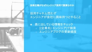 採用チャネル問わず
エンジニアが会社に興味持つとやること
★ 表に出している情報をチェック
○ [{企業名} エンジニア]で検索
○ エンジニアブログの更新頻度
技術広報がなぜエンジニア採用で重要なのか
 