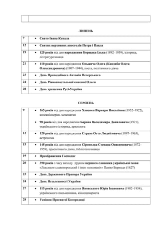 ЛИПЕНЬ
7 • Свято Івана Купала
12 • Святих верховних апостолів Петра і Павла
19 • 125 років від дня народження Борщака Ілька (1892–1959), історика,
літературознавця
21 • 110 років від дня народження Ольжича Олега (Кандиби Олега
Олександровича) (1907–1944), поета, політичного діяча
23 • День Преподобного Антонія Печерського
24 • День Рівноапостольної княгині Ольги
28 • День хрещення Русі-України
СЕРПЕНЬ
9 • 165 років від дня народження Ханенко Варвари Николівни (1852–1922),
колекціонерки, меценатки
• 90 років від дня народження Барана Володимира Даниловича (1927),
українського історика, археолога
12 • 120 років від дня народження Струве Отто Людвіговича (1897–1963),
астронома
15 • 145 років від дня народження Сірополка Степана Онисимовича (1872–
1959), просвітнього діяча, бібліотекознавця
19 • Преображення Господнє
20 • 390 років з часу виходу друком першого словника української мови
«Лексикон славеноросский і імен толкованіє» Памво Беринди (1627)
23 • День Державного Прапора України
24 • День Незалежності України
27 • 115 років від дня народження Яновського Юрія Івановича (1902–1954),
українського письменника, кіносценариста
28 • Успіння Пресвятої Богородиці
 