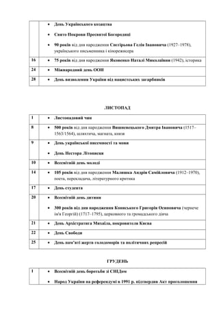 • День Українського козацтва
• Свято Покрови Пресвятої Богородиці
• 90 років від дня народження Снєгірьова Гелія Івановича (1927–1978),
українського письменника і кінорежисера
16 • 75 років від дня народження Яковенко Наталі Миколаївни (1942), історика
24 • Міжнародний день ООН
28 • День визволення України від нацистських загарбників
ЛИСТОПАД
1 • Листопадовий чин
8 • 500 років від дня народження Вишневецького Дмитра Івановича (1517–
1563/1564), шляхтича, магната, князя
9 • День української писемності та мови
• День Нестора Літописця
10 • Всесвітній день молоді
14 • 105 років від дня народження Малишка Андрія Самійловича (1912–1970),
поета, перекладача, літературного критика
17 • День студента
20 • Всесвітній день дитини
• 300 років від дня народження Кониського Григорія Осиповича (чернече
ім'я Георгій) (1717–1795), церковного та громадського діяча
21 • День Архістратига Михаїла, покровителя Києва
22 • День Свободи
25 • День пам’яті жертв голодоморів та політичних репресій
ГРУДЕНЬ
1 • Всесвітній день боротьби зі СНІДом
• Народ України на референдумі в 1991 р. підтвердив Акт проголошення
 