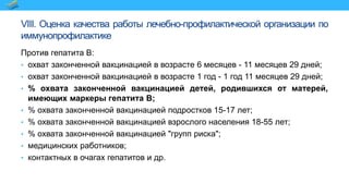VIII. Оценка качества работы лечебно-профилактической организации по
иммунопрофилактике
Против гепатита В:
• охват законченной вакцинацией в возрасте 6 месяцев - 11 месяцев 29 дней;
• охват законченной вакцинацией в возрасте 1 год - 1 год 11 месяцев 29 дней;
• % охвата законченной вакцинацией детей, родившихся от матерей,
имеющих маркеры гепатита В;
• % охвата законченной вакцинацией подростков 15-17 лет;
• % охвата законченной вакцинацией взрослого населения 18-55 лет;
• % охвата законченной вакцинацией "групп риска";
• медицинских работников;
• контактных в очагах гепатитов и др.
 
