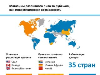 Магазины разливного пива за рубежом,
как инвестиционная возможность
Успешная
реализация проекта
Работающие
дилеры
35 стран
Планы по развитию
сети магазинов
Испания
Южная Африка
Китай
США
Канада
Великобритания
 