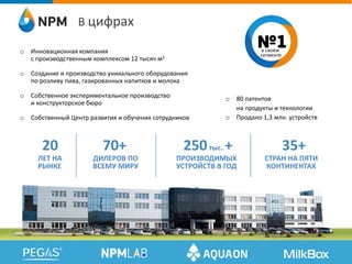 o 80 патентов
на продукты и технологии
o Продано 1,3 млн. устройств
В цифрах
в своём
сегменте
o Инновационная компания
с производственным комплексом 12 тысяч м2
o Создание и производство уникального оборудования
по розливу пива, газированных напитков и молока
o Собственное экспериментальное производство
и конструкторское бюро
o Собственный Центр развития и обучения сотрудников
20
ЛЕТ НА
РЫНКЕ
70+
ДИЛЕРОВ ПО
ВСЕМУ МИРУ
250тыс. +
ПРОИЗВОДИМЫХ
УСТРОЙСТВ В ГОД
35+
СТРАН НА ПЯТИ
КОНТИНЕНТАХ
 