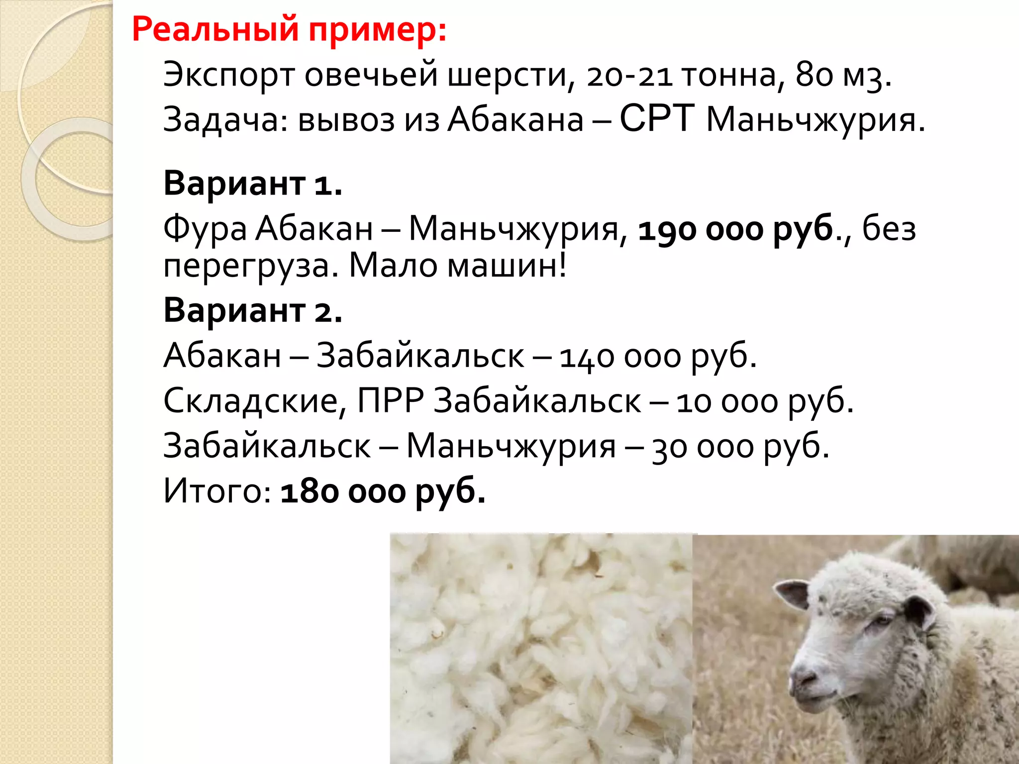 Реальный пример:
Экспорт овечьей шерсти, 20-21 тонна, 80 м3.
Задача: вывоз из Абакана – CPT Маньчжурия.
Вариант 1.
Фура Абакан – Маньчжурия, 190 000 руб., без
перегруза. Мало машин!
Вариант 2.
Абакан – Забайкальск – 140 000 руб.
Складские, ПРР Забайкальск – 10 000 руб.
Забайкальск – Маньчжурия – 30 000 руб.
Итого: 180 000 руб.
 